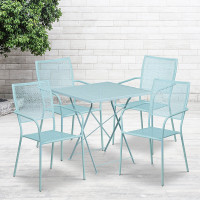 Flash Furniture CO-28SQF-02CHR4-SKY-GG 28" Square Steel Folding Patio Table Set with 4 Square Back Chairs in Blue